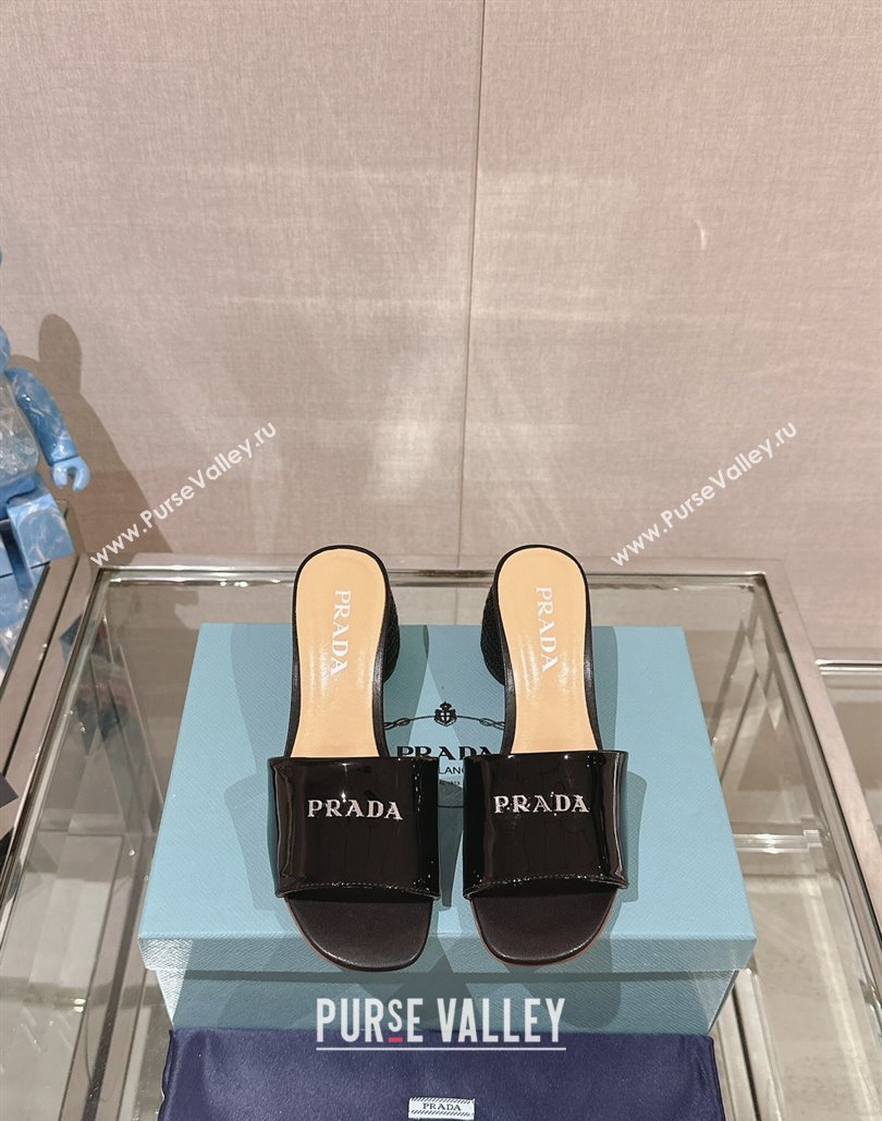 Prada Woven Raffia Heel Patent leather Slide Sandals Black 2024 (modeng-24040342)