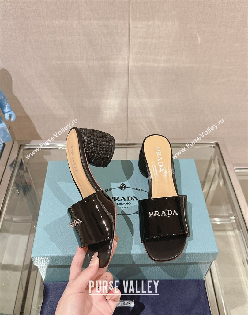 Prada Woven Raffia Heel Patent leather Slide Sandals Black 2024 (modeng-24040342)