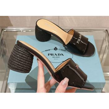 Prada Woven Raffia Heel Patent leather Slide Sandals Black 2024 (modeng-24040342)