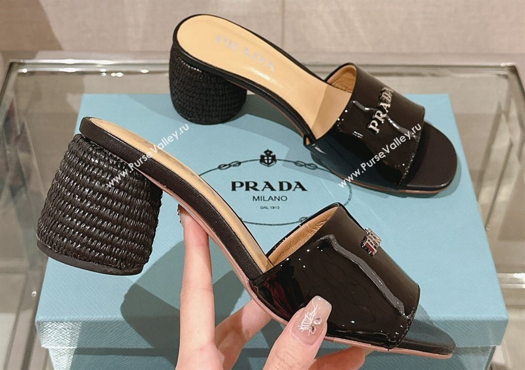 Prada Woven Raffia Heel Patent leather Slide Sandals Black 2024 (modeng-24040342)