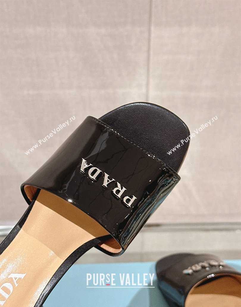 Prada Woven Raffia Heel Patent leather Slide Sandals Black 2024 (modeng-24040342)