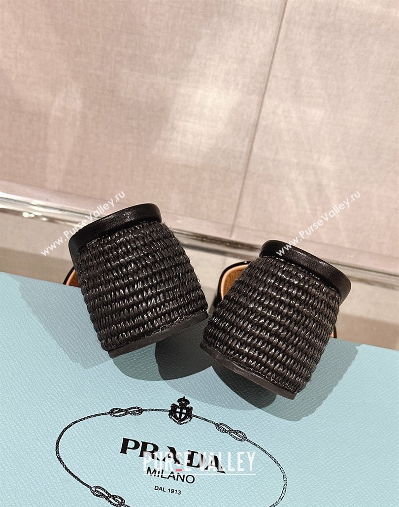 Prada Woven Raffia Heel Patent leather Slide Sandals Black 2024 (modeng-24040342)