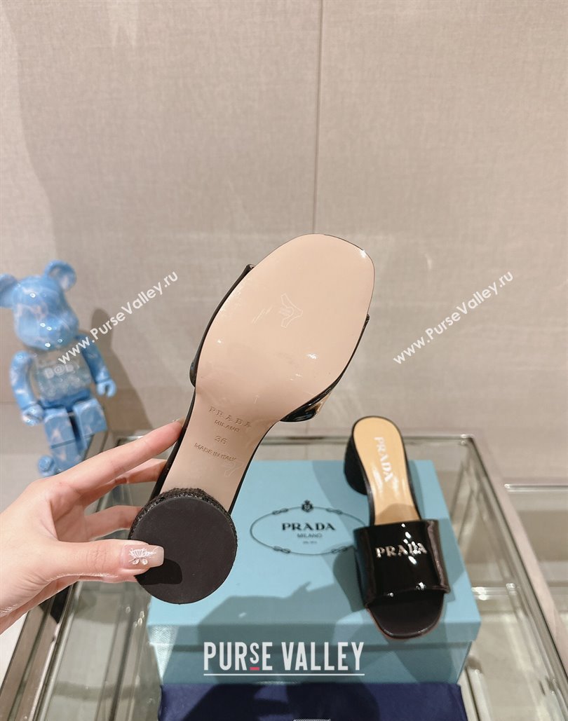 Prada Woven Raffia Heel Patent leather Slide Sandals Black 2024 (modeng-24040342)