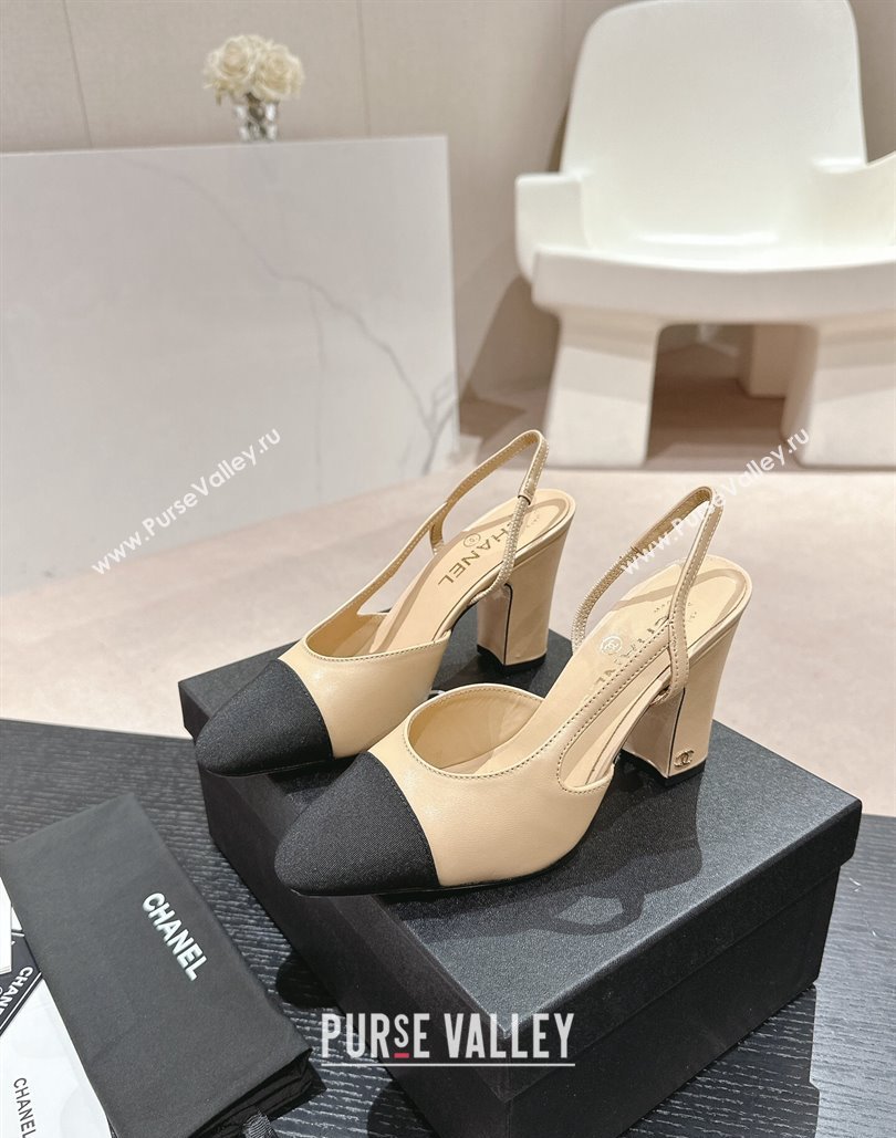 Chanel Heel 9cm Lambskin Grosgrain Slingbacks G45509 Beige 2024 (modeng-24040332)