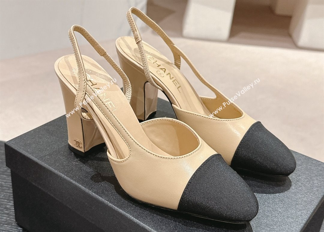 Chanel Heel 9cm Lambskin Grosgrain Slingbacks G45509 Beige 2024 (modeng-24040332)