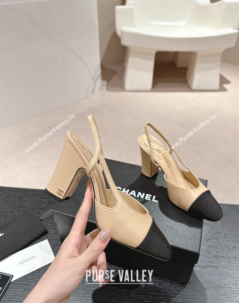 Chanel Heel 9cm Lambskin Grosgrain Slingbacks G45509 Beige 2024 (modeng-24040332)