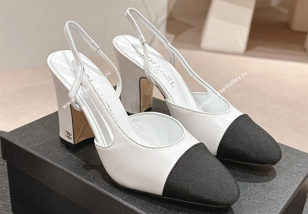 Chanel Heel 9cm Lambskin Grosgrain Slingbacks G45509 White 2024 (modeng-24040331)