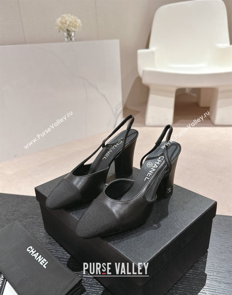 Chanel Heel 9cm Lambskin Grosgrain Slingbacks G45509 Black 2024 (modeng-24040320)