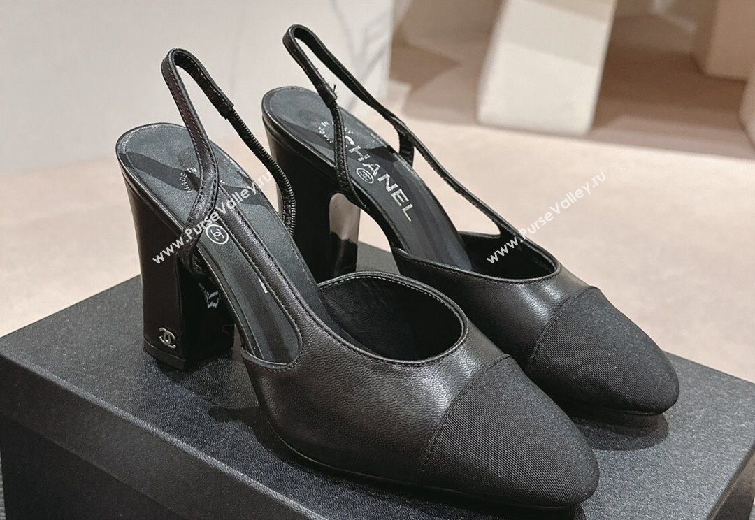 Chanel Heel 9cm Lambskin Grosgrain Slingbacks G45509 Black 2024 (modeng-24040320)