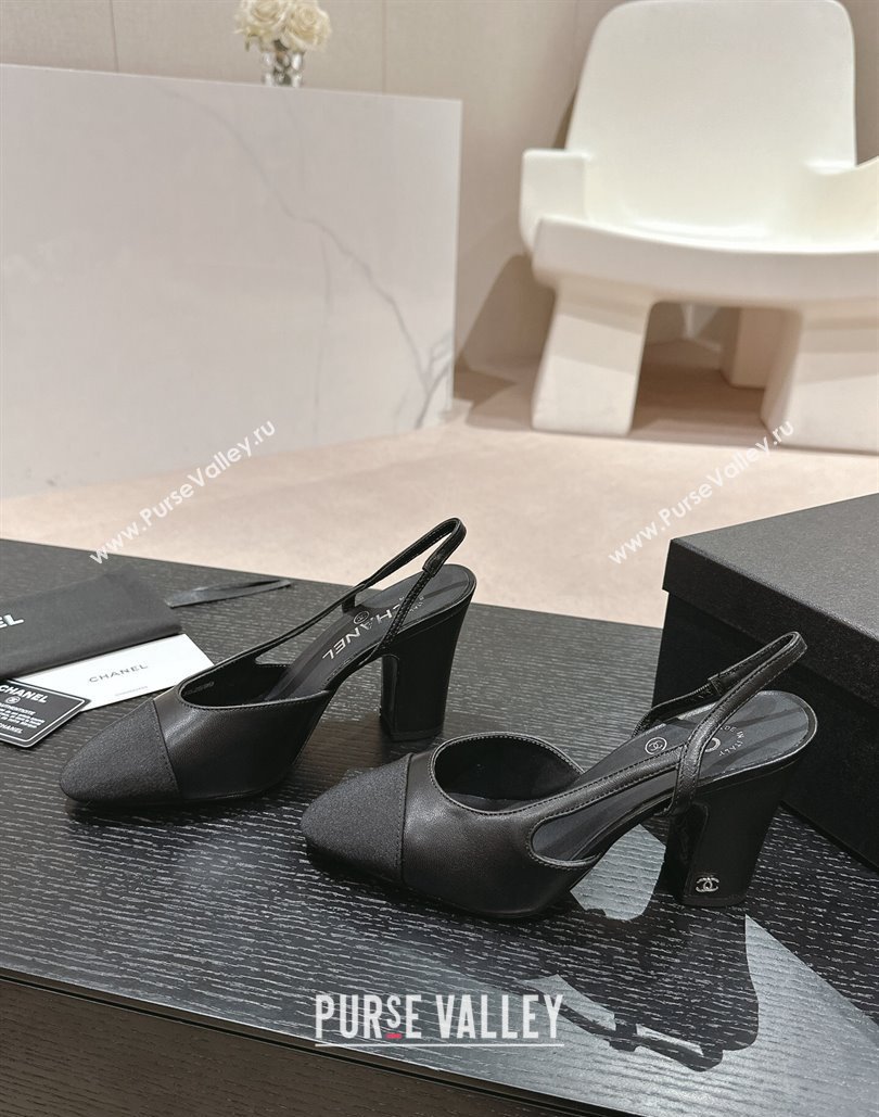 Chanel Heel 9cm Lambskin Grosgrain Slingbacks G45509 Black 2024 (modeng-24040320)