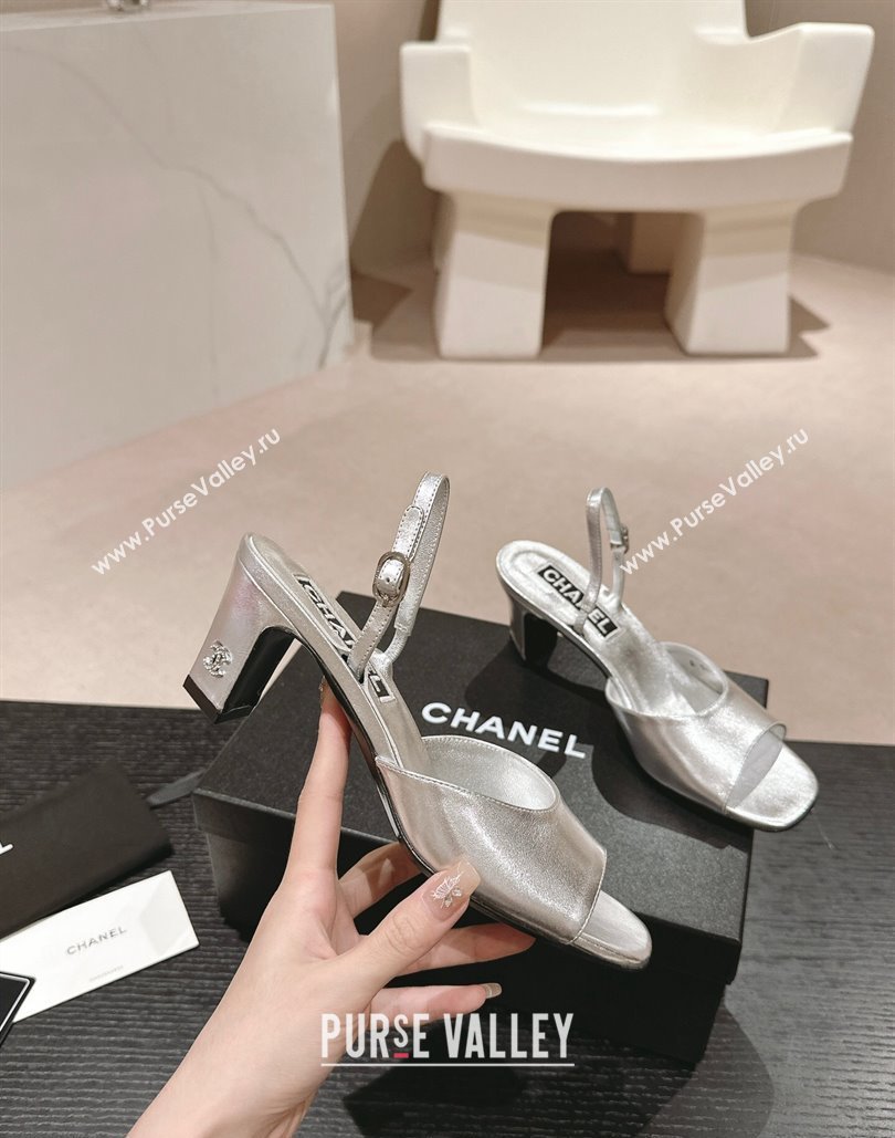 Chanel Heel 5.5cm Lambskin Sandals G45619 Silver 2024 (modeng-24040316)