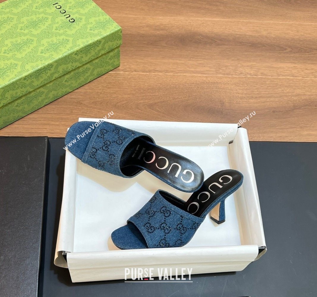 Gucci Heel 7.5cm Womens GG slide sandals 772416 in Denim Blue with black GG crystals 2024 (modeng-24040322)