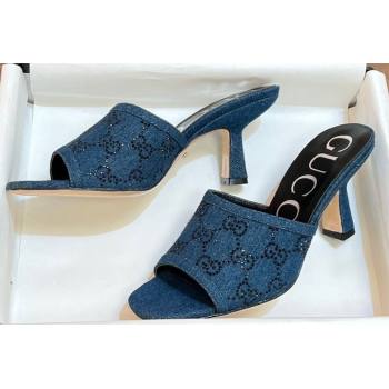 Gucci Heel 7.5cm Womens GG slide sandals 772416 in Denim Blue with black GG crystals 2024 (modeng-24040322)