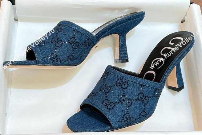 Gucci Heel 7.5cm Womens GG slide sandals 772416 in Denim Blue with black GG crystals 2024 (modeng-24040322)