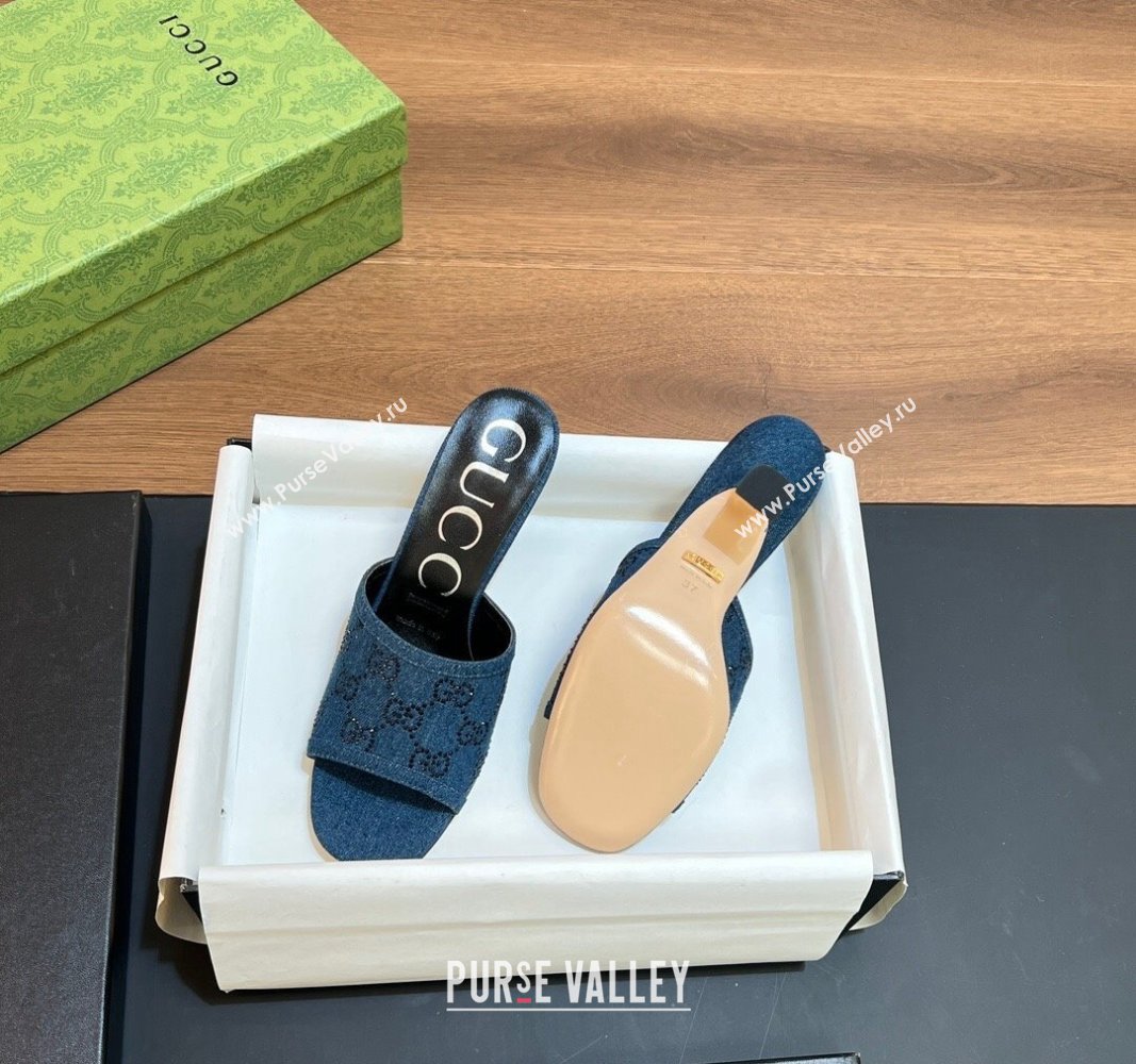 Gucci Heel 7.5cm Womens GG slide sandals 772416 in Denim Blue with black GG crystals 2024 (modeng-24040322)