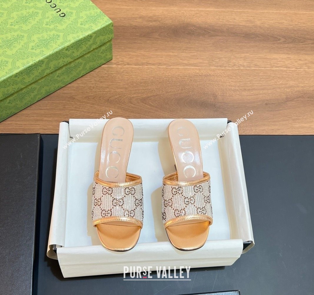 Gucci Heel 7.5cm Womens GG slide sandals 772416 in Gold with GG crystals 2024 (modeng-24040321)