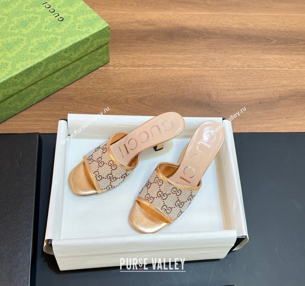 Gucci Heel 7.5cm Womens GG slide sandals 772416 in Gold with GG crystals 2024 (modeng-24040321)