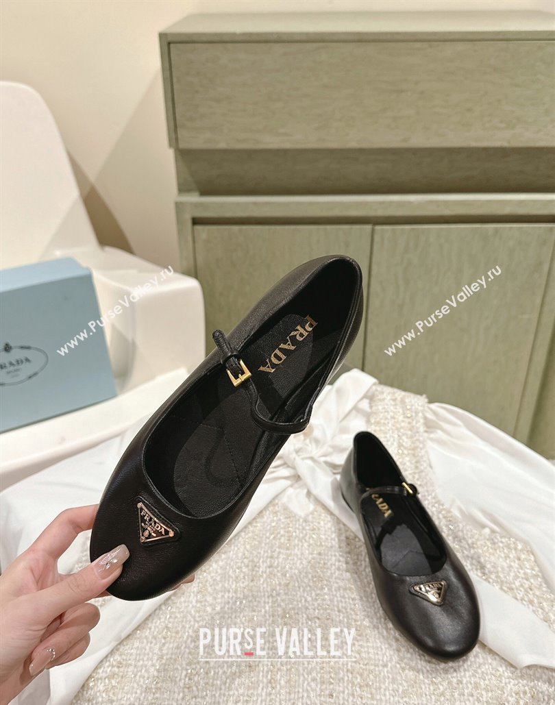 Prada Nappa leather ballerinas with strap and logo-engraved metal buckle 1F567N Black 2024 (nono-24040306)