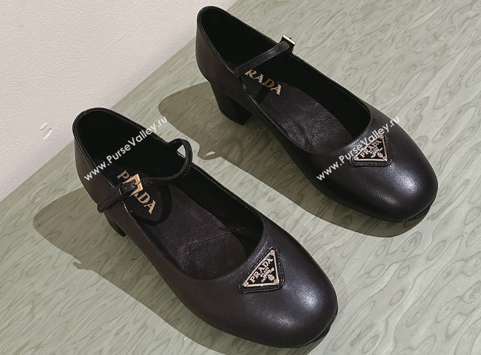 Prada Nappa leather Mary Jane pumps with strap and logo-engraved metal buckle 1I568N Black 2024 (nono-24040301)