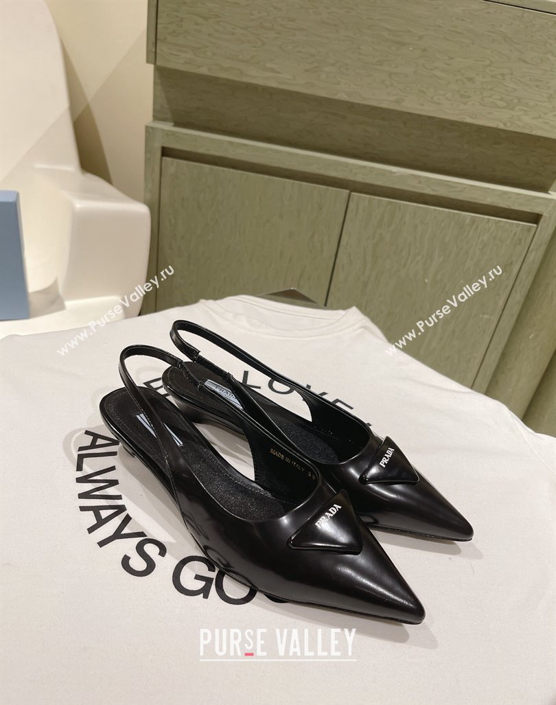 Prada Heel 4cm Brushed leather slingback pumps with triangle logo Black 2024 (nono-24040319)