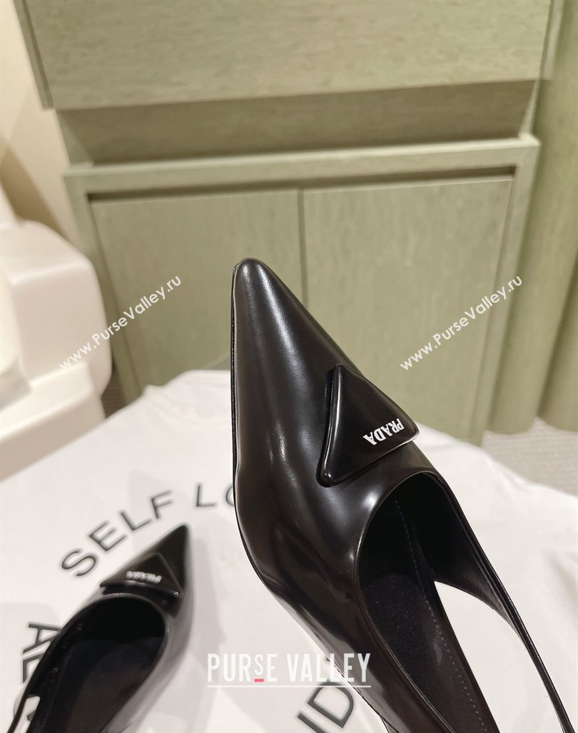 Prada Heel 4cm Brushed leather slingback pumps with triangle logo Black 2024 (nono-24040319)