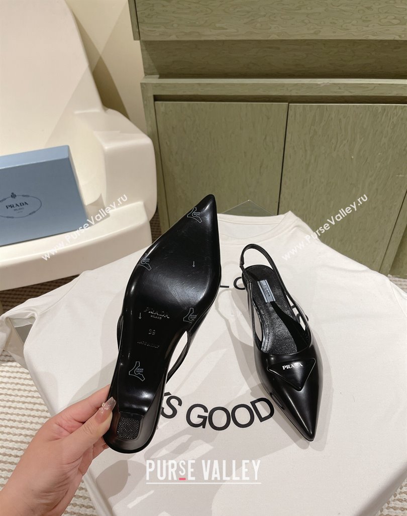 Prada Heel 4cm Brushed leather slingback pumps with triangle logo Black 2024 (nono-24040319)
