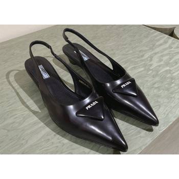 Prada Heel 4cm Brushed leather slingback pumps with triangle logo Black 2024 (nono-24040319)