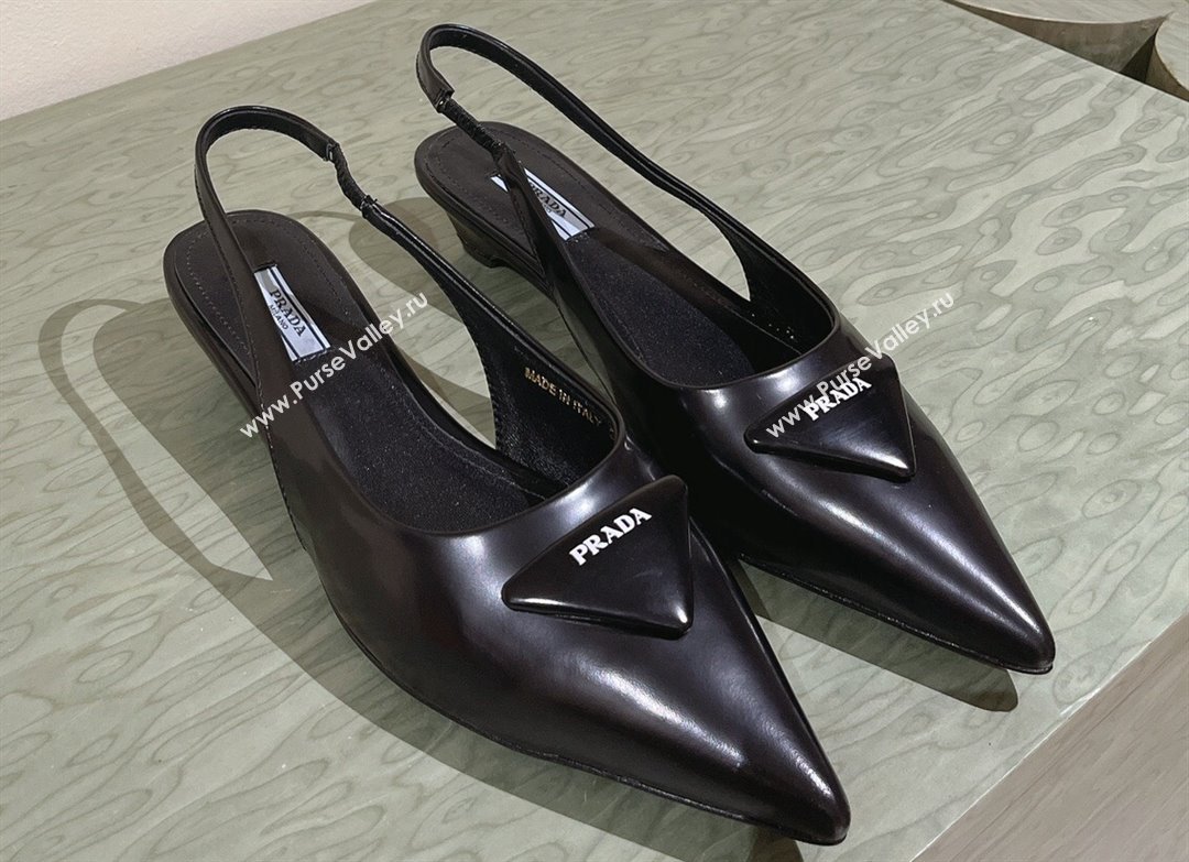Prada Heel 4cm Brushed leather slingback pumps with triangle logo Black 2024 (nono-24040319)
