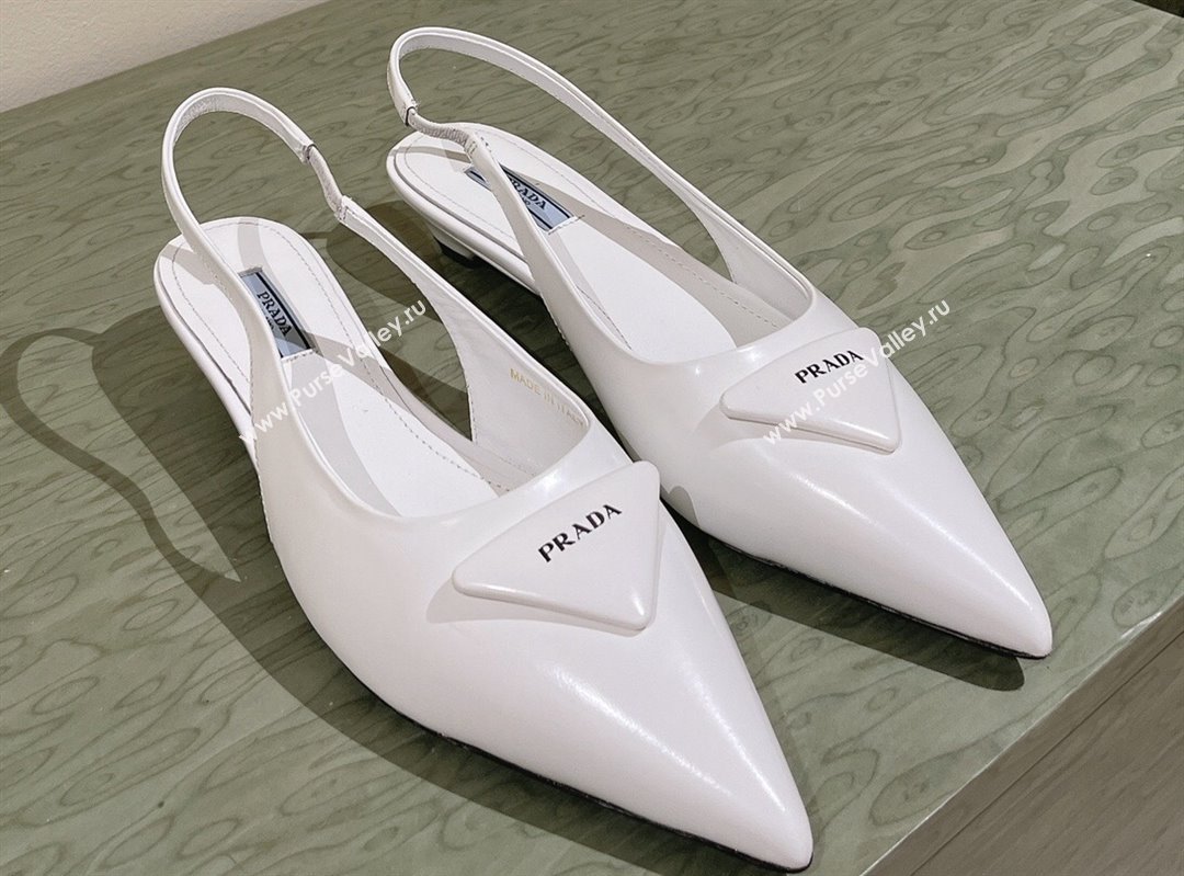 Prada Heel 4cm Brushed leather slingback pumps with triangle logo White 2024 (nono-24040320)