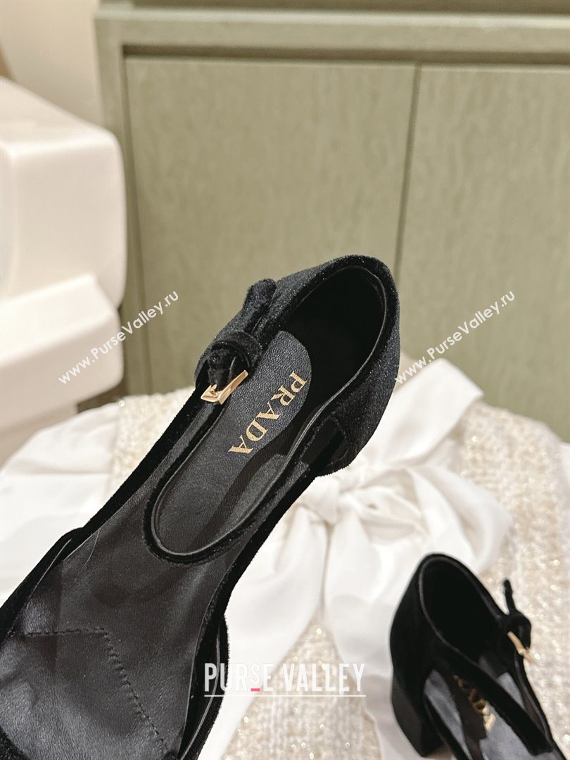 Prada Heel 4cm Velvet pumps with instep strap and metal buckle 1I352N Black 2024 (nono-24040314)