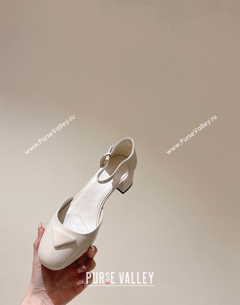 Prada Heel 4cm Patent leather pumps with instep strap and metal buckle 1I352N Ivory 2024 (nono-24040312)