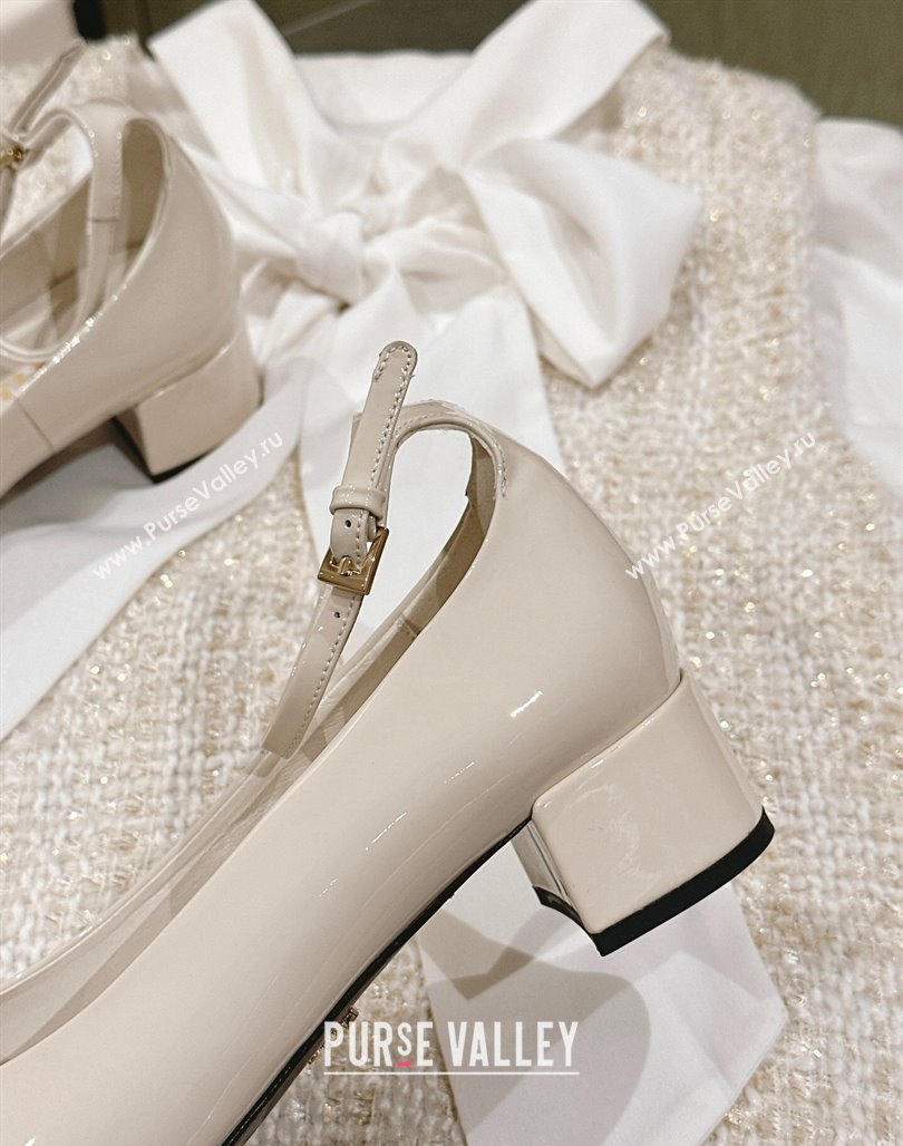 Prada Heel 4cm Patent leather pumps with ankle strap and metal buckle 1I358N Ivory 2024 (nono-24040316)