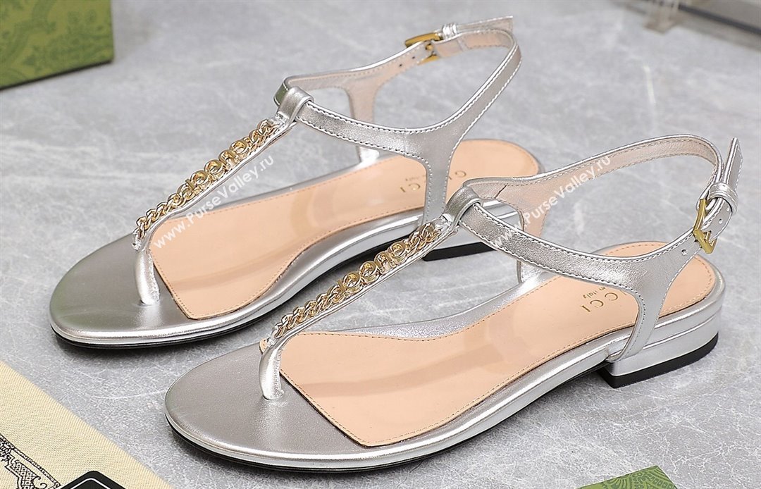 Gucci Signoria thong sandals 782415 in patent leather Silver 2024 (hongyang-24040311)