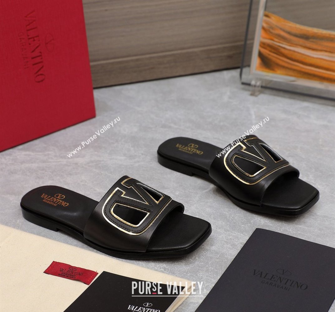 Valentino Vlogo Cut-Out Calfskin Slide Sandals Black 2024 (hongyang-24040801)