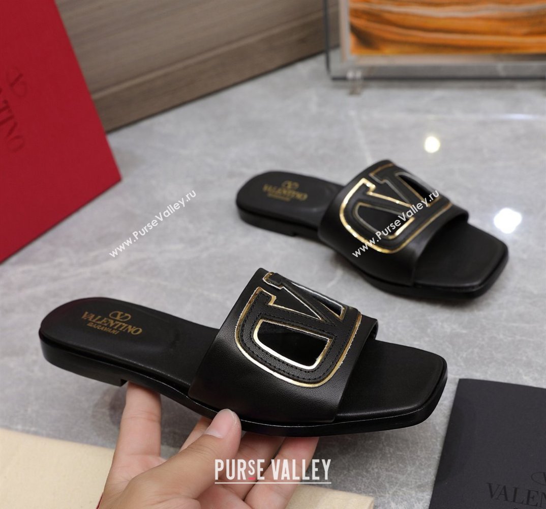 Valentino Vlogo Cut-Out Calfskin Slide Sandals Black 2024 (hongyang-24040801)