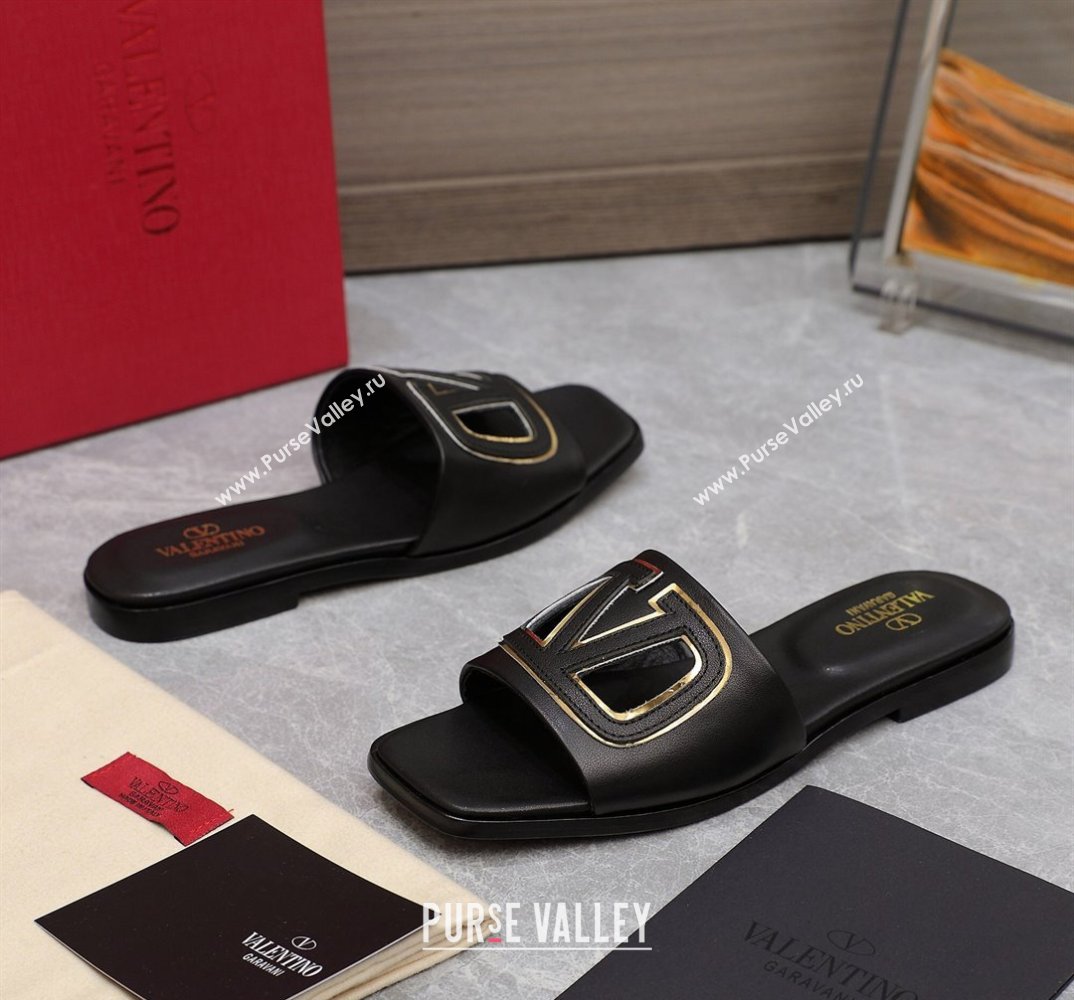Valentino Vlogo Cut-Out Calfskin Slide Sandals Black 2024 (hongyang-24040801)