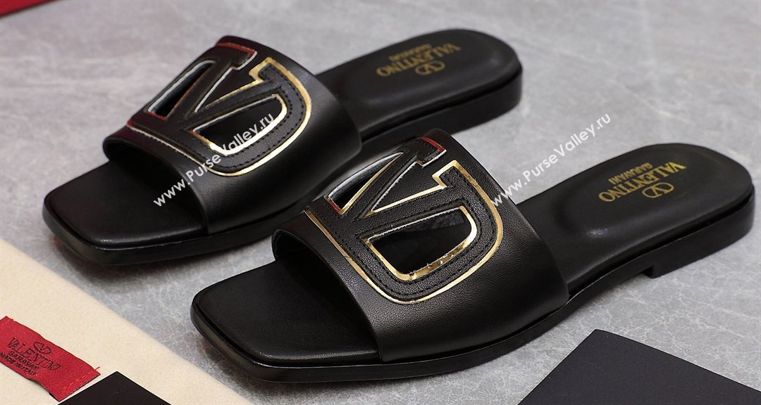Valentino Vlogo Cut-Out Calfskin Slide Sandals Black 2024 (hongyang-24040801)