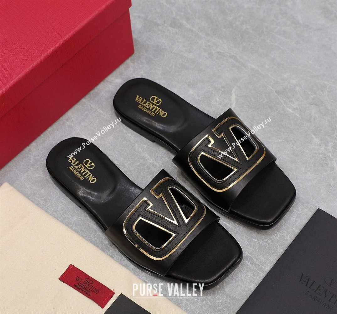 Valentino Vlogo Cut-Out Calfskin Slide Sandals Black 2024 (hongyang-24040801)