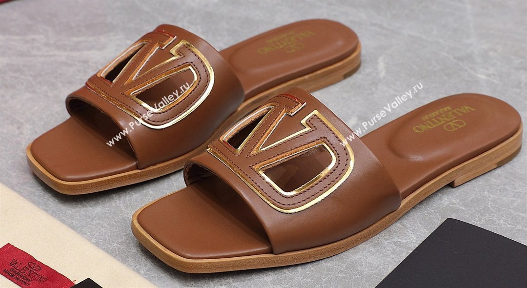 Valentino Vlogo Cut-Out Calfskin Slide Sandals Brown 2024 (hongyang-24040804)