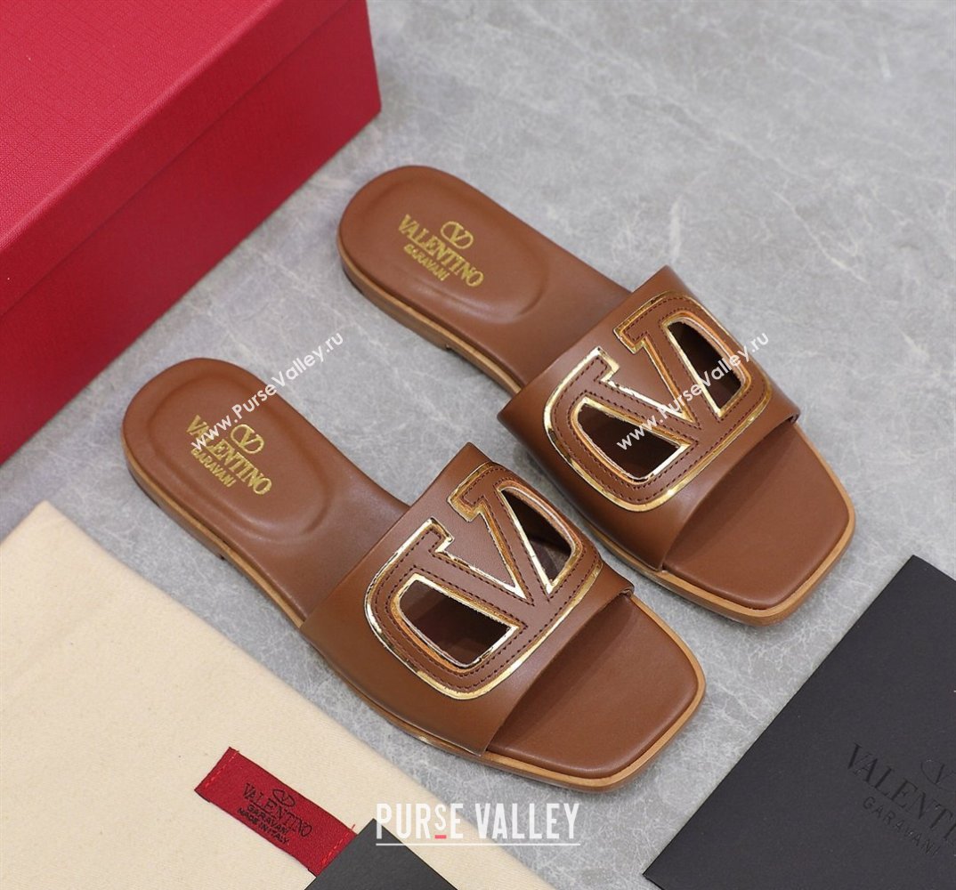 Valentino Vlogo Cut-Out Calfskin Slide Sandals Brown 2024 (hongyang-24040804)