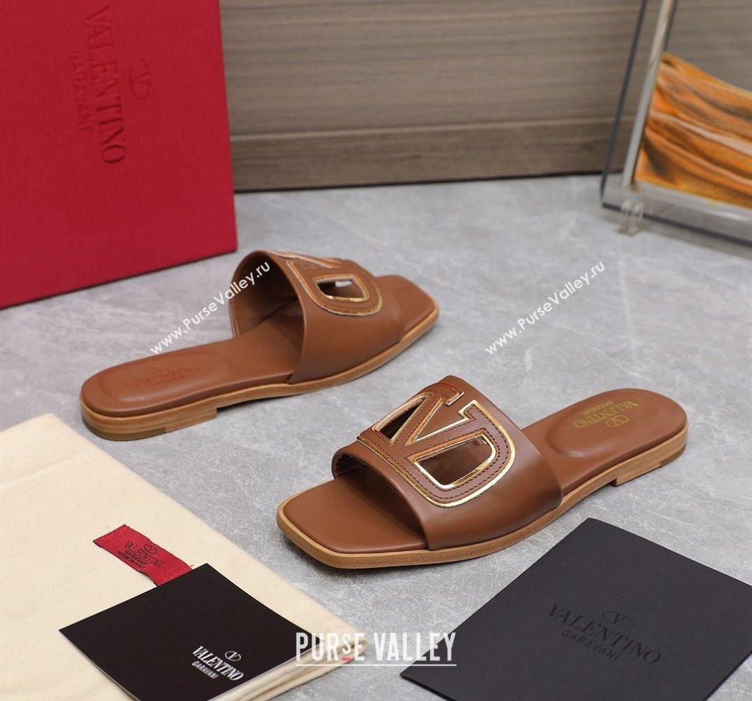 Valentino Vlogo Cut-Out Calfskin Slide Sandals Brown 2024 (hongyang-24040804)
