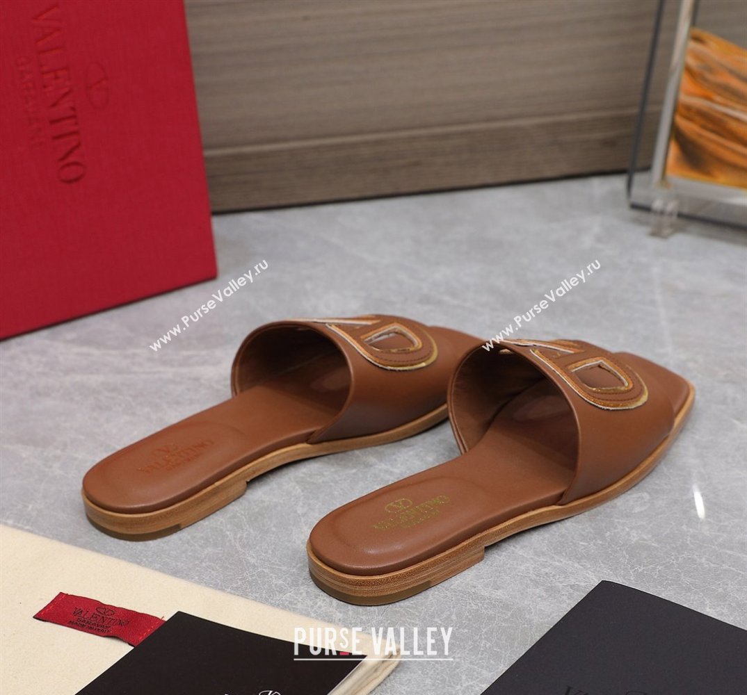 Valentino Vlogo Cut-Out Calfskin Slide Sandals Brown 2024 (hongyang-24040804)