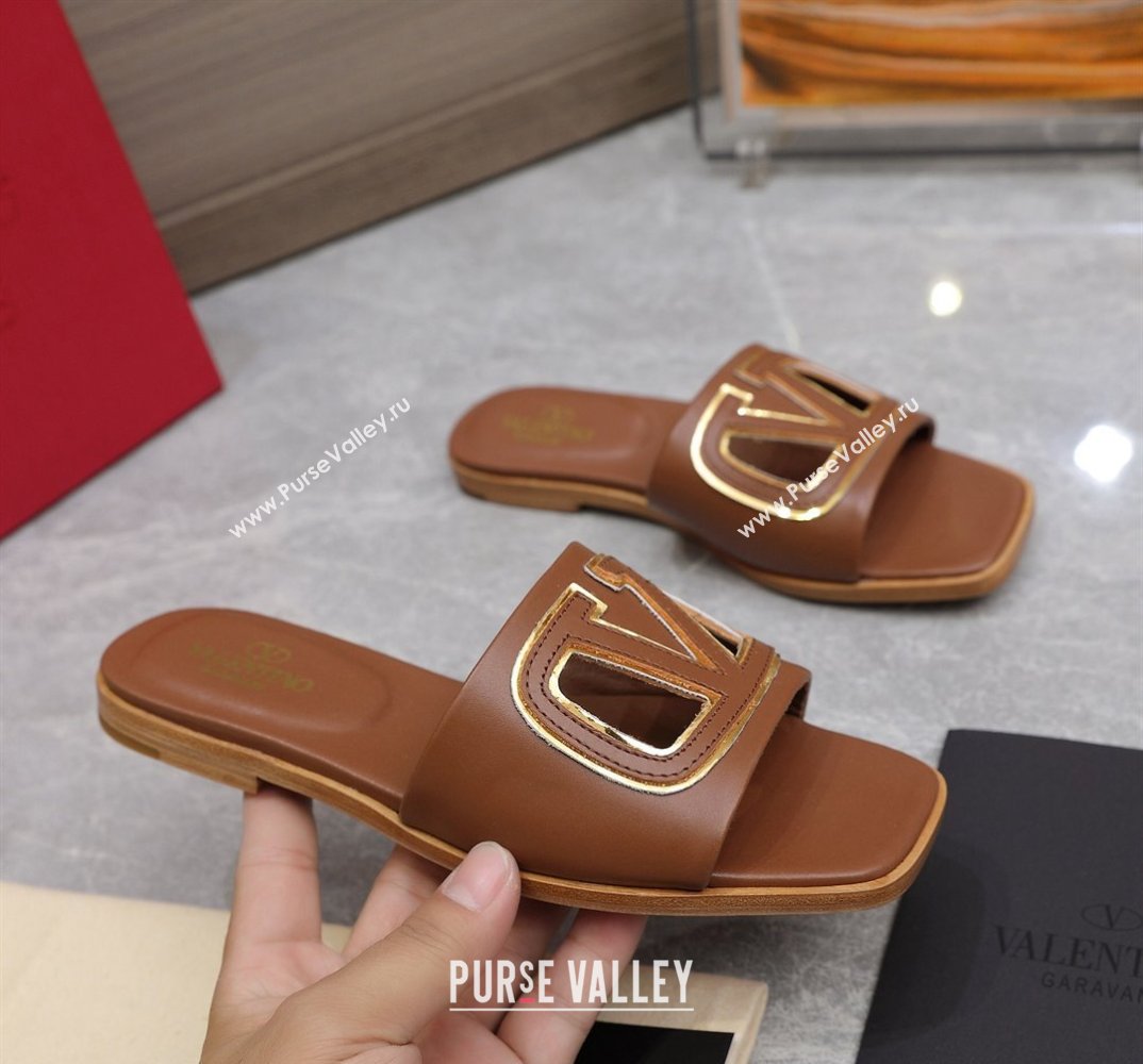 Valentino Vlogo Cut-Out Calfskin Slide Sandals Brown 2024 (hongyang-24040804)