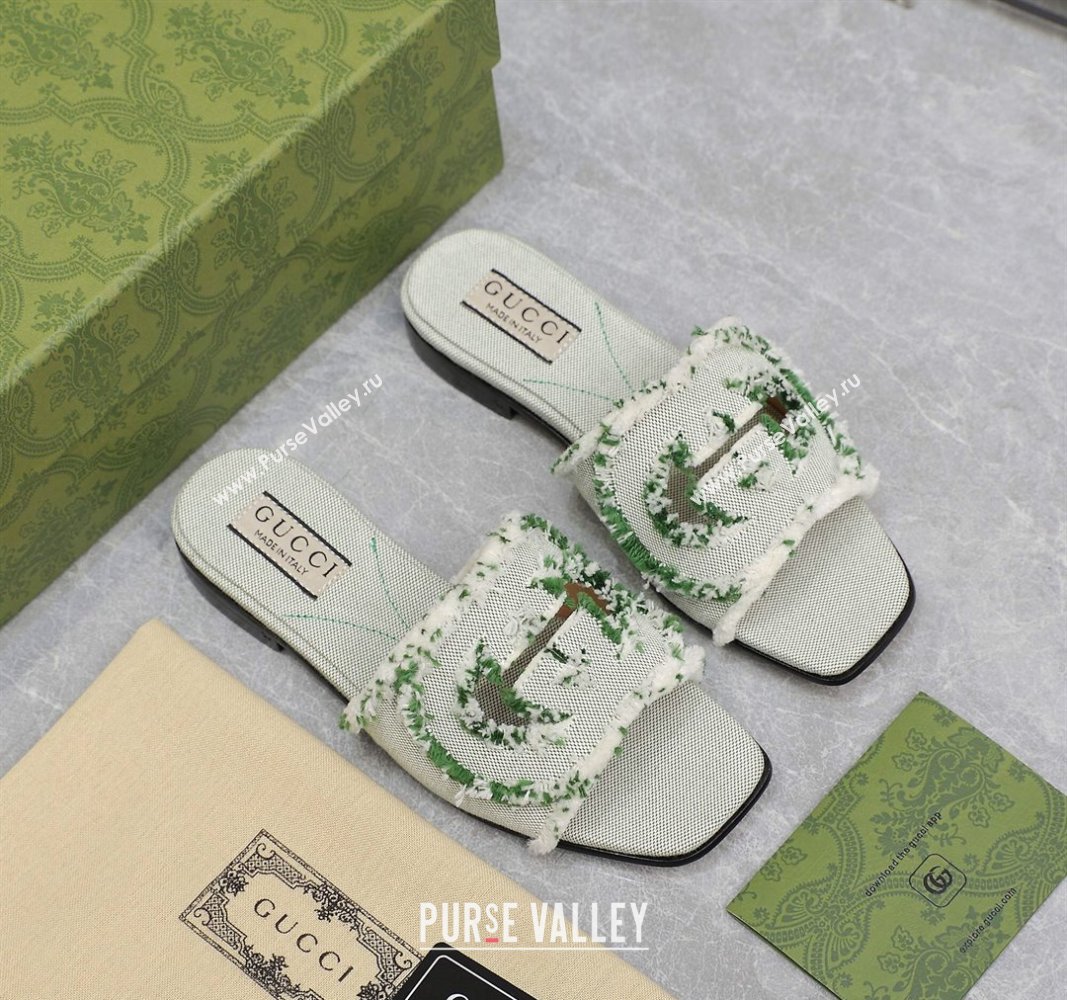 Gucci Womens Interlocking G slide sandals 782412 in canvas Green 2024 (hongyang-24040305)