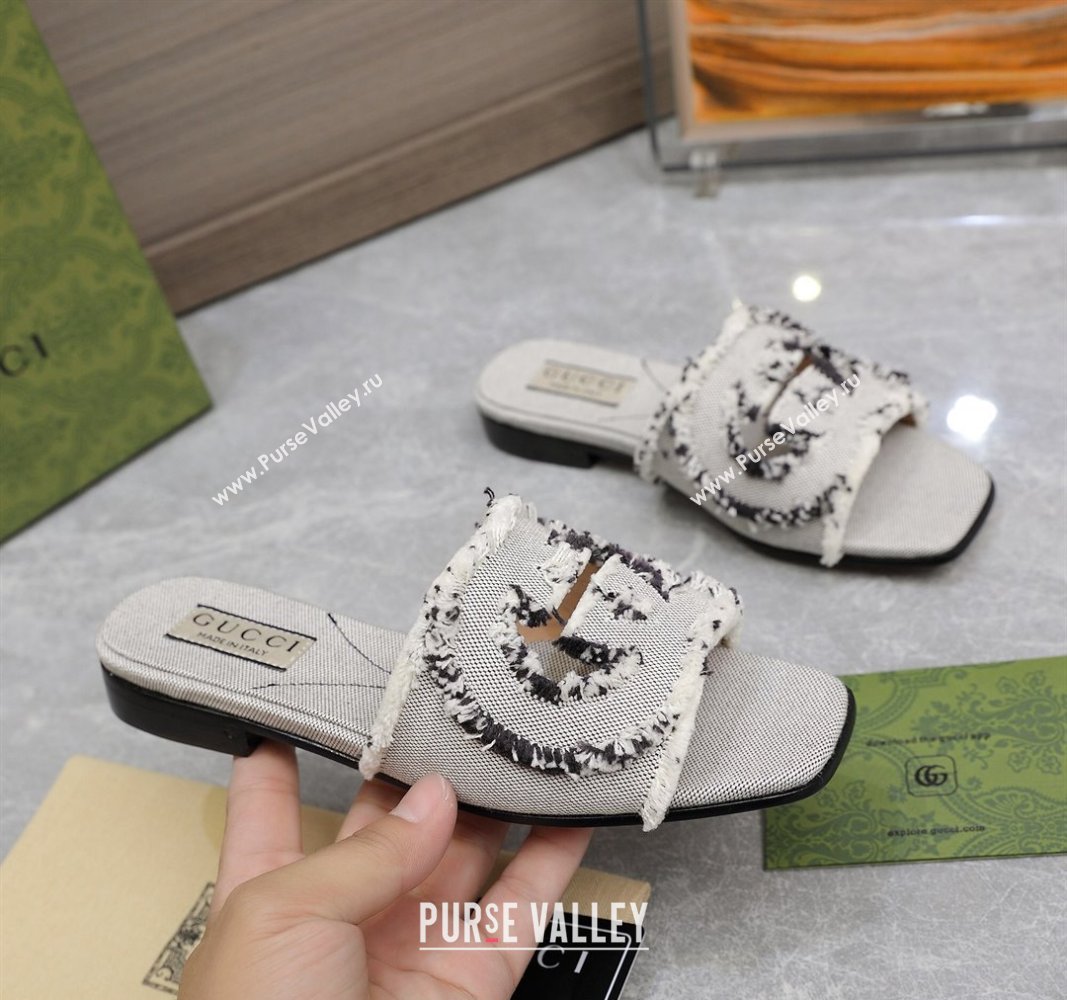 Gucci Womens Interlocking G slide sandals 782412 in canvas Gray 2024 (hongyang-24040303)