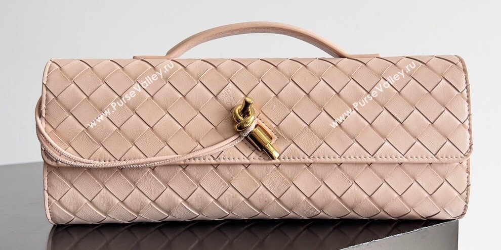 Bottega Veneta Long Clutch Andiamo With Handle Intrecciato leather bag Nude Pink with metallic knot closure 2024 (misu-24040701)