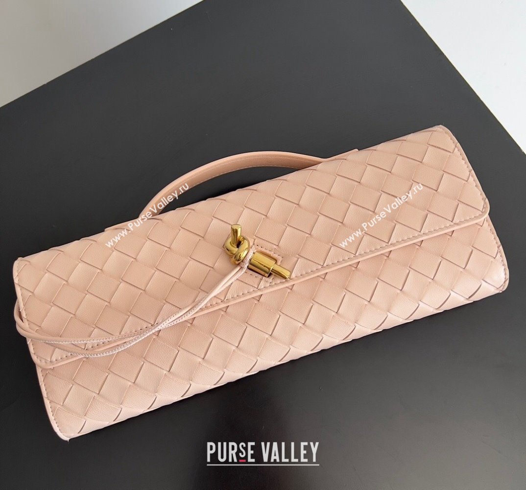 Bottega Veneta Long Clutch Andiamo With Handle Intrecciato leather bag Nude Pink with metallic knot closure 2024 (misu-24040701)