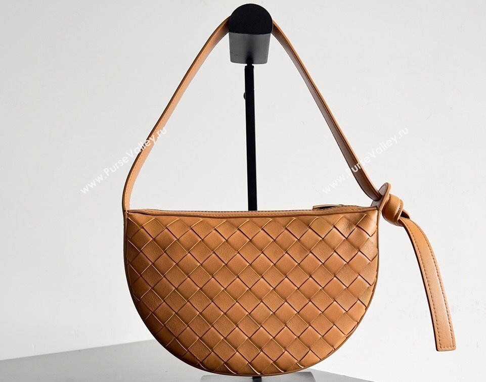 Bottega Veneta Mini Sunrise Intrecciato leather shoulder bag Cognac with knot 2024 (misu-24040725)