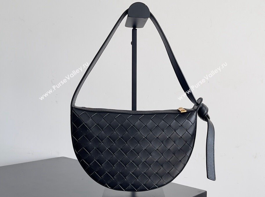 Bottega Veneta Mini Sunrise Intrecciato leather shoulder bag Black with knot 2024 (misu-24040724)