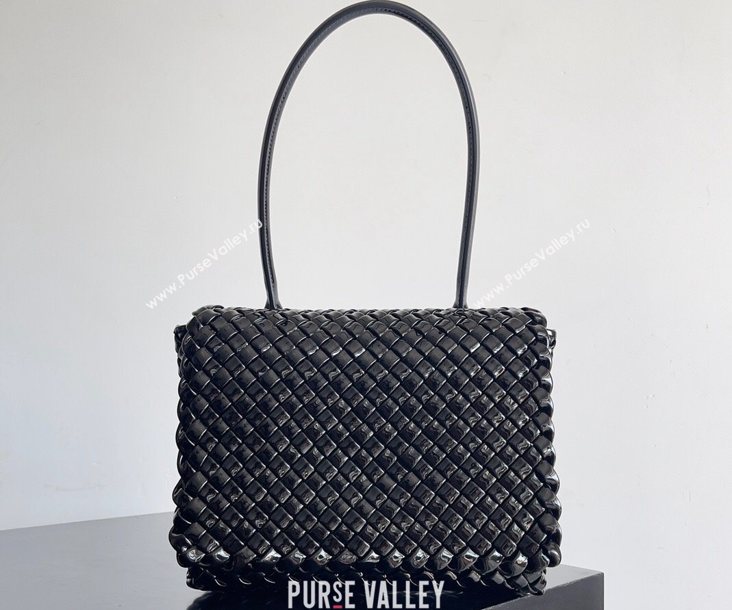 Bottega Veneta Patti Padded intreccio leather Top Handle Bag Patent Black 2024 (misu-24040807)